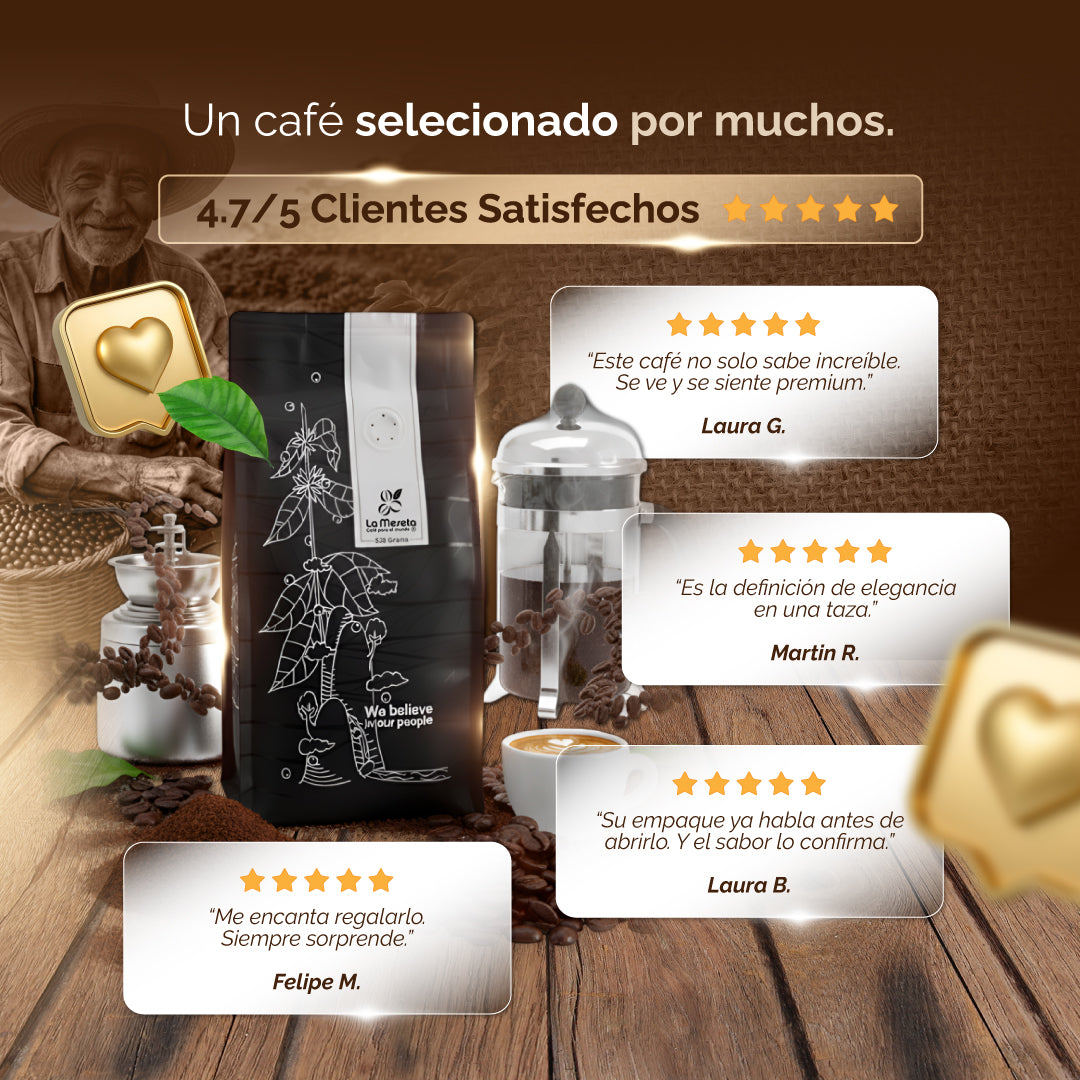 "Sello de café de origen y detalles de notas de sabor del Café La Meseta."