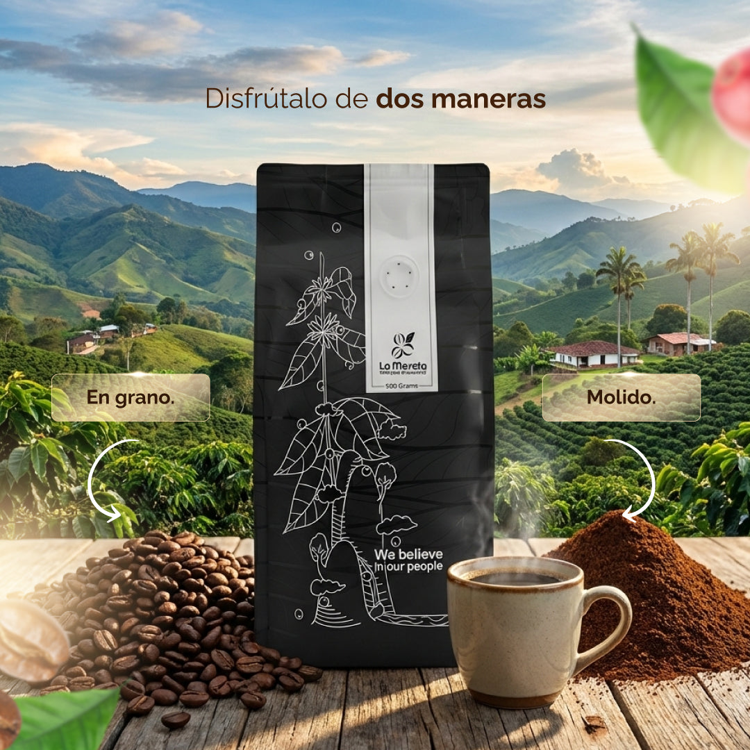 "Granos de café arábica con tostión media, 100% puro de origen colombiano."